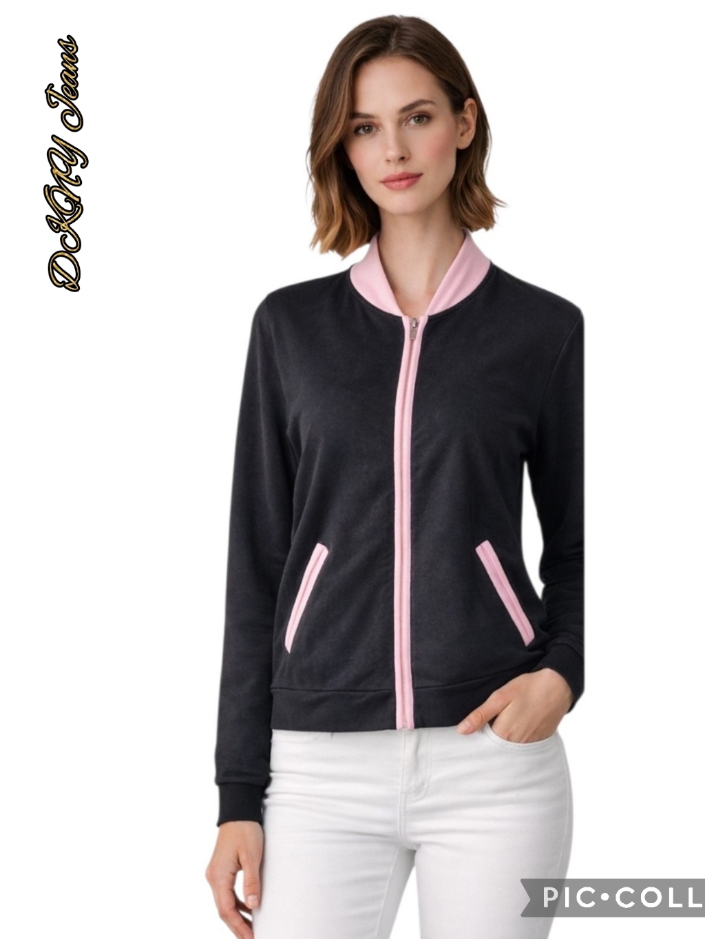 Dkny Jeans Sweat Jacket Full Zip Front Side Pockets Black Pink Trim Sz Lrg Nwt